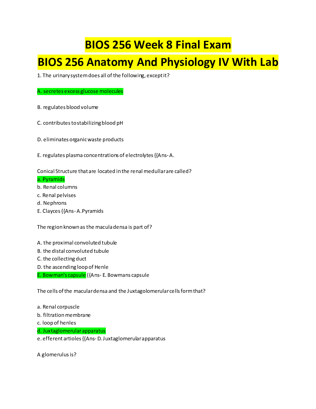 Preview of BIOS 256 Week 8 Final Exam BIOS 256 Anatomy And Physiology IV With Lab (Answered 2022)